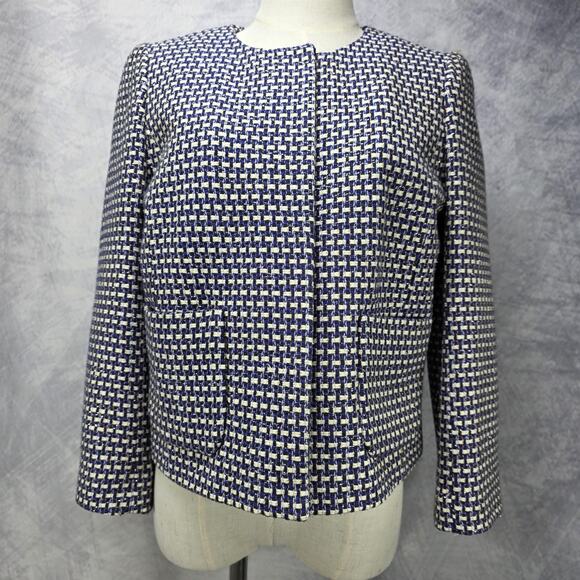 J Crew Blazer Women 6 Blue Silk Blend Tweed Hook Eye Pockets Lined Career Jacket - Picture 2 of 16